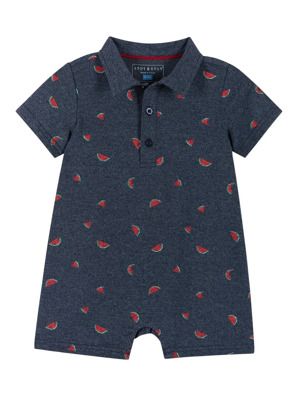 Andy & Evan Navy Polo Romper with Red Watermelon Motif